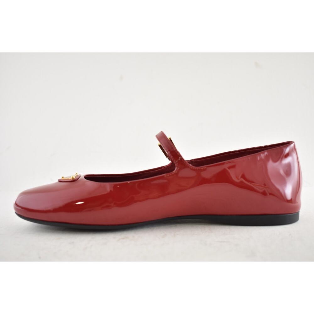 Prada Cherry Red Patent Gold Triangle Logo Mary Jane Ballerina Ballet Flat 38.5 - Picture 13 of 16